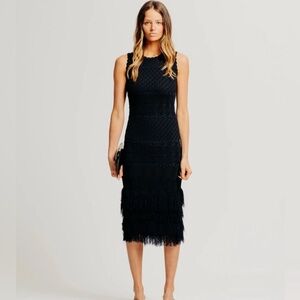 Torn by Ronny Kobo Stretch Black Fringe Midi Dress